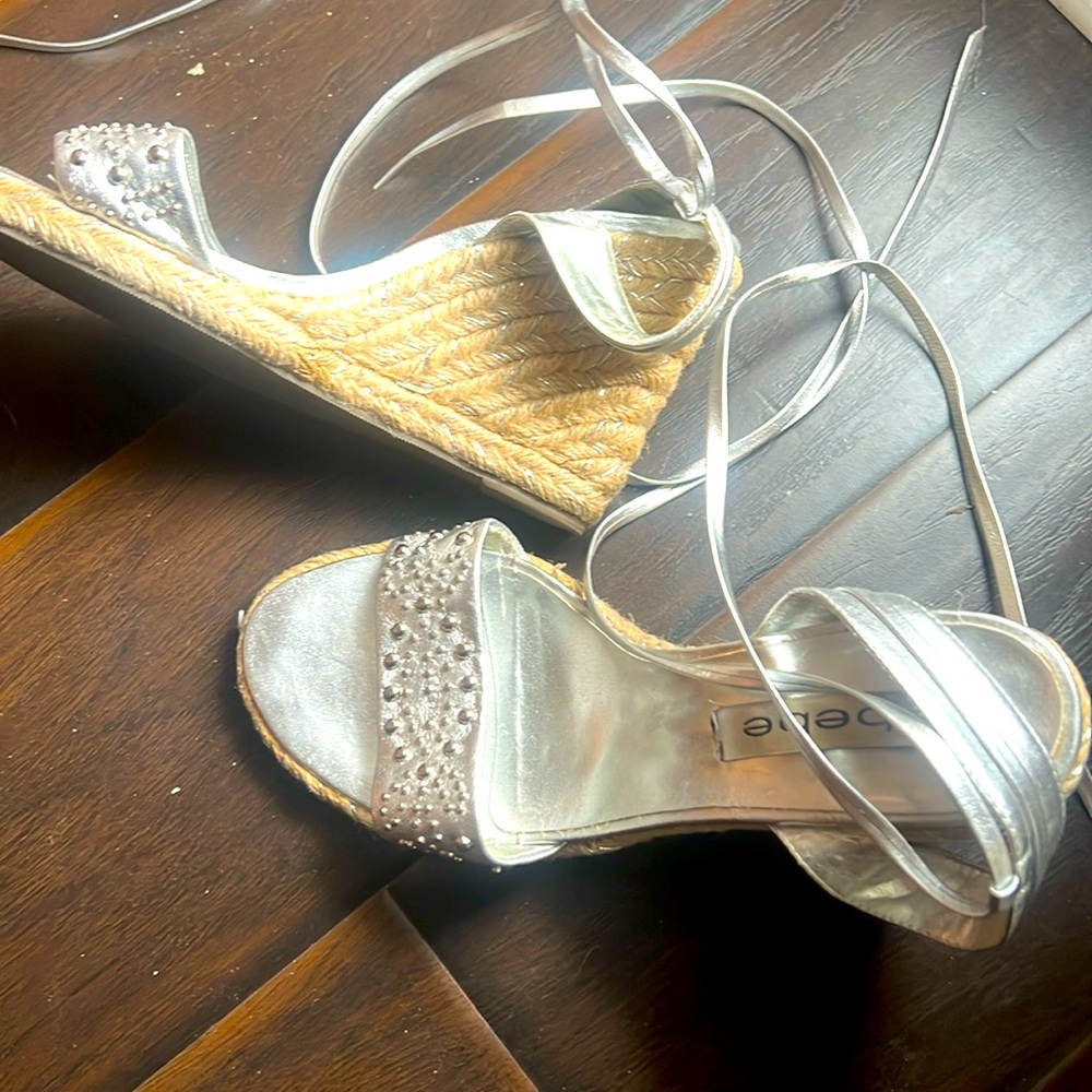 Bebe Silver Leather Ankle Tie Espadrille Wedges